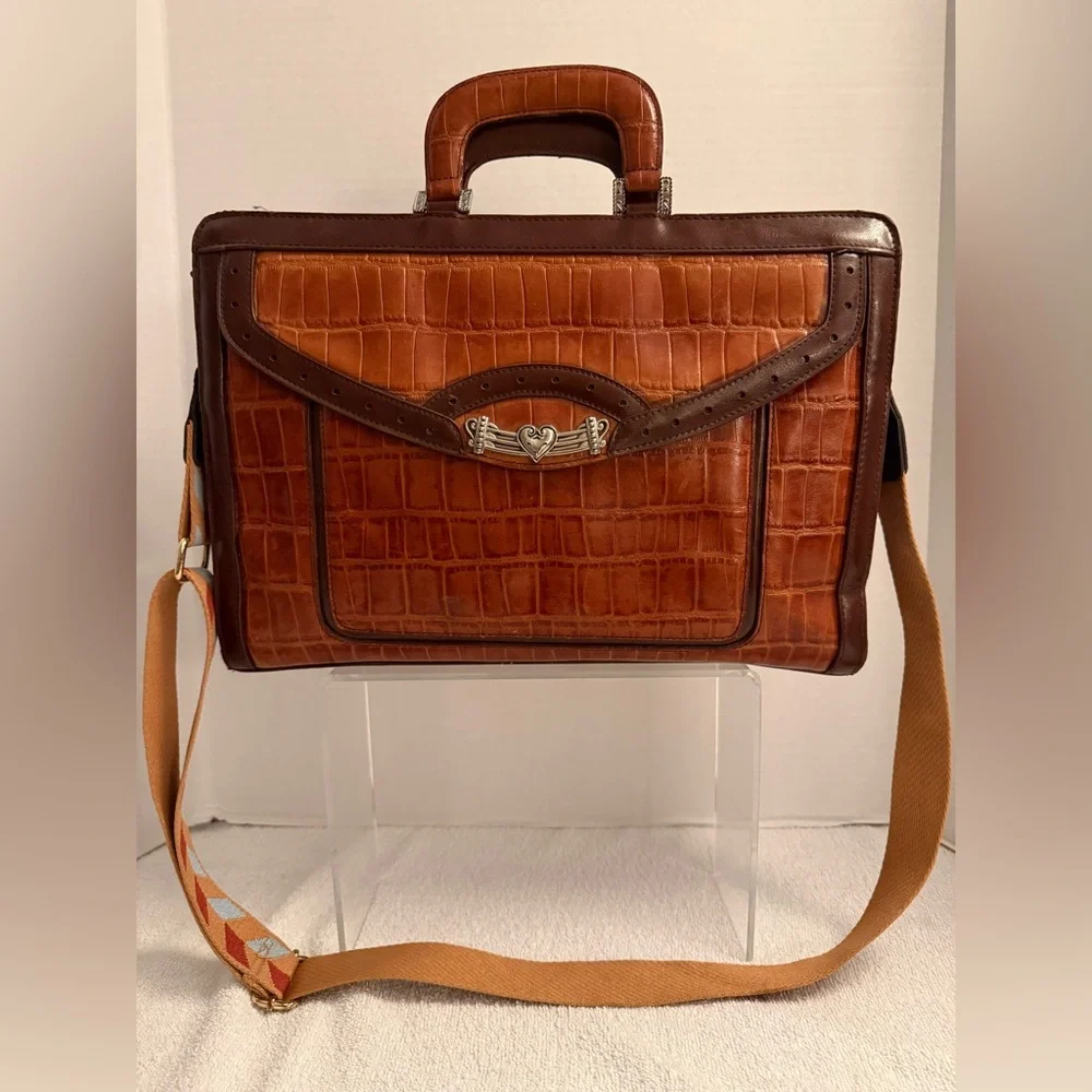 Marc Chantel Leather Briefcase | Croc-Embossed Brown | Crossbody